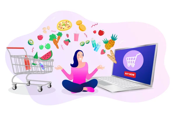 Shopping Cart Laptop Internet Digital Store Scene Woman Shopping Commerce — Stock Vector