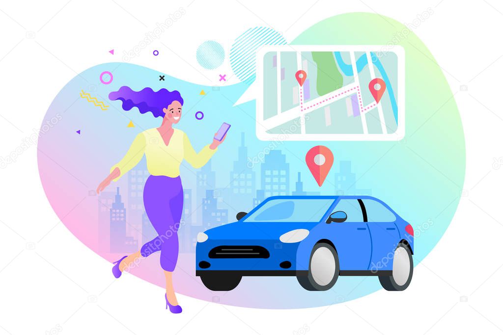 Woman ordering taxi car, rental and sharing Online using mobile service application. Woman searching for cab on city map. Vector illustration.