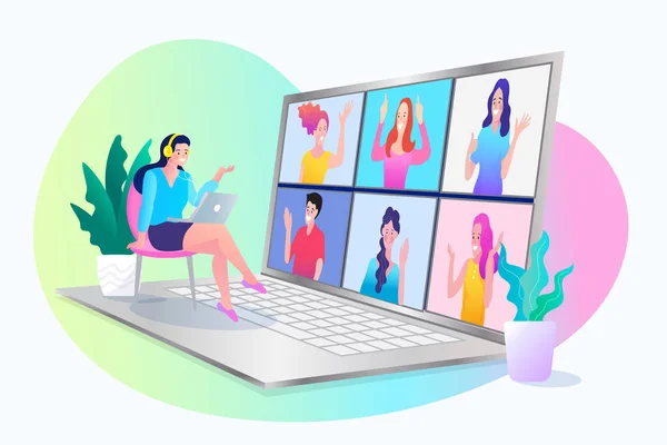 Video Conference Online Meeting Workspace Concept Vector Illustration Woman Working — Stock Vector