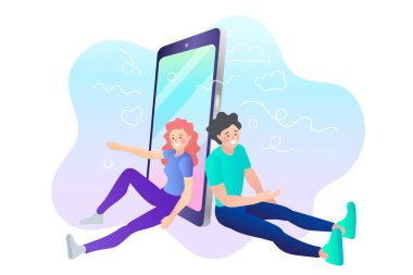 Cep telefonundan birkaç sohbet. Kız telefonla iletişim kuruyor. Çevrimiçi sohbet adamı ve kadın. Çizgi filmdeki adam ve kadın. Düz vektör tasarımı.