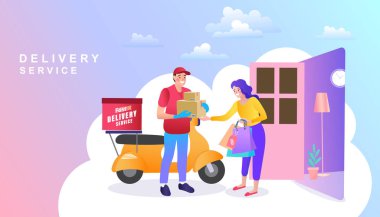 Kapıya paket teslimatı. İnternetten alışveriş konsepti. Hızlı teslimat. E-ticaret. Motosiklet personeliyle birlikte şehrin dört bir yanına bir paket yolluyorum. Vektör illüstrasyonu.
