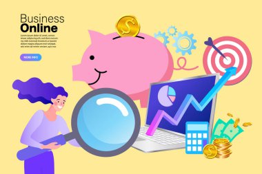 Genç bir kadın büyüteçle ileriye bakıyor. Veri analizi ve iş bilgisi araştırma çözümü kavramı ile 