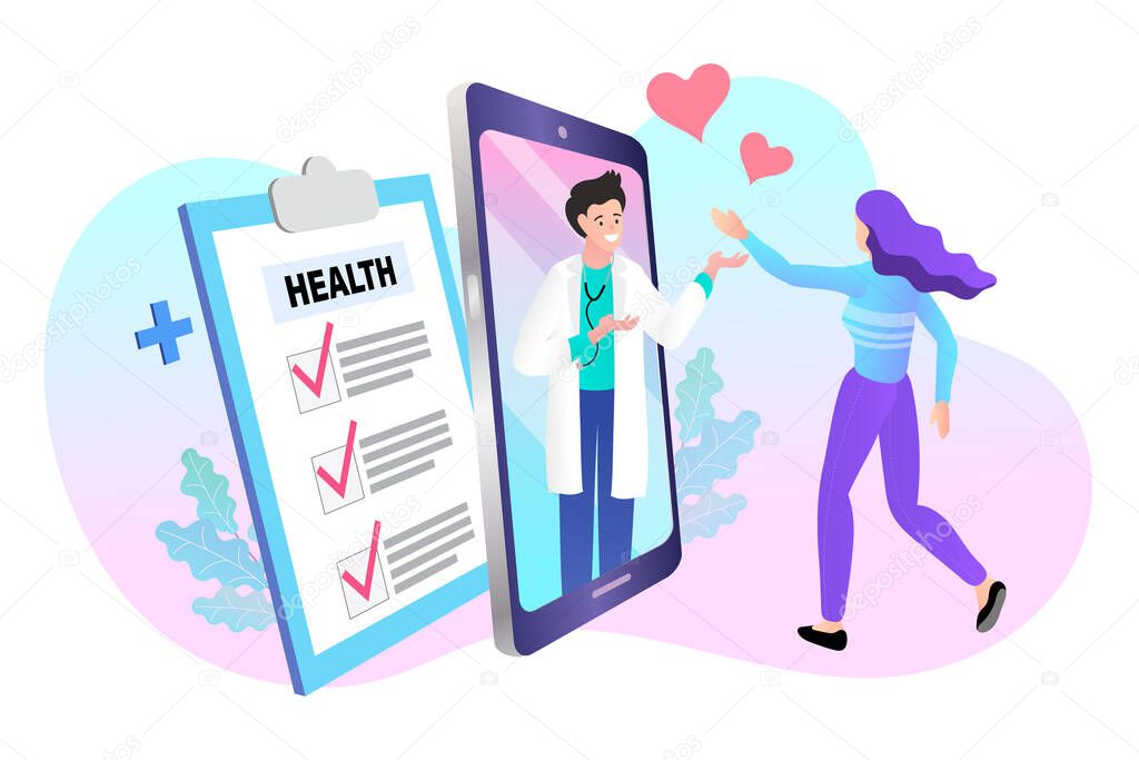 Online doctor healthcare concept. Professional doctor in a smartphone giving a consultation online. vector illustration.