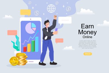 İnsanlar para gönderip alıyor. Mobil alışveriş konsepti. Mutlu adam internetten para ve ödül alıyor. Çevrimiçi para ödeme aktarım illüstrasyon vektörü.