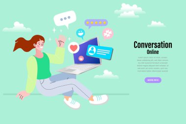 Yerde dizüstü bilgisayarı olan bir kadın oturuyor. Düz şekilli şirin vektör çizimi. Evde çalışan bir bayan, evde kalır. İnsanlar karantinaya alındı. Sosyal uzaklık. 