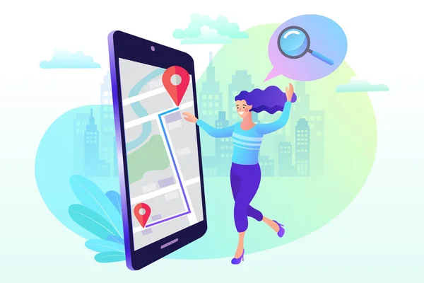Flicksökning Efter Plats Smartphone Mobilnavigering Online Karta Stadslandskapets Bakgrund Modern — Stock vektor