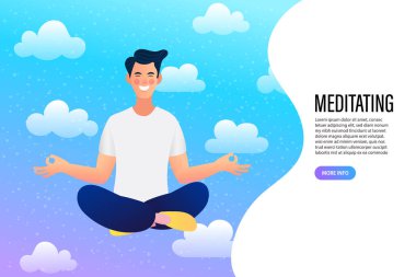 Adam derin meditasyon yapıyor, tek başına yoga egzersizleri yapıyor. Sağlıklı yaşam tarzı, biçimlendirilmiş vektör çizimi