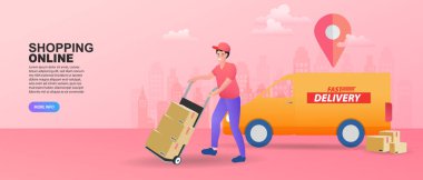 Kadın eli teslimatçıdan gelen kutuları kabul ediyor. Çevrimiçi dağıtım hizmeti kavramı. Nakliyeci, cep telefonunda. Vektör illüstrasyonu.