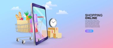 Banner, mobil uygulama, iniş sayfası, alışveriş çantası taşıyan kadın, akıllı telefondan mobil uygulama kullanmışlar..