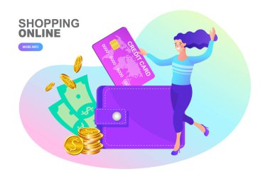 Elinde alışveriş çantası olan büyük bir kredi kartının üzerinde oturan bir kadın. Kadının alışveriş yaptığı internet dijital mağazası sahnesi. E-ticaret reklam illüstrasyonu.