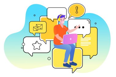 Akıllı telefon ekranında sohbet eden insanlar, sanal ilişki. Sosyal Medya Çevrimiçi Bağlantı Kavramı. İnsanlar canlı yayın izliyor. Sosyal medya etkisinde. Düz vektör illüstrasyonu.