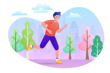Genç adam parkta koşuyor. İniş sayfası şablonu çalışıyor. Kardiyo egzersizi. Vektör çizgi film düz illüstrasyon.