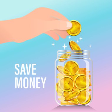 Gold coins into clear bottle. Accumulate and save your money dollar in jar. Flat vector illustration clipart