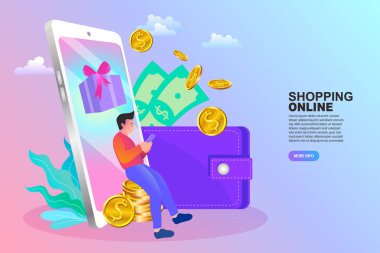 Telefonlarını elektronik cüzdan olarak kullanan bir adam. İnsanlar para gönderip alıyor. Mobil alışveriş konsepti. Mutlu adam internetten para ve ödül alıyor. Çevrimiçi para ödeme aktarım illüstrasyon vektörü.