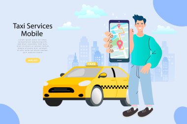 Çevrimiçi taksi çağırma, kira ve paylaşım hizmetleri için mobil uygulama. Şehir taksi servisi. Düz vektör illüstrasyonu.