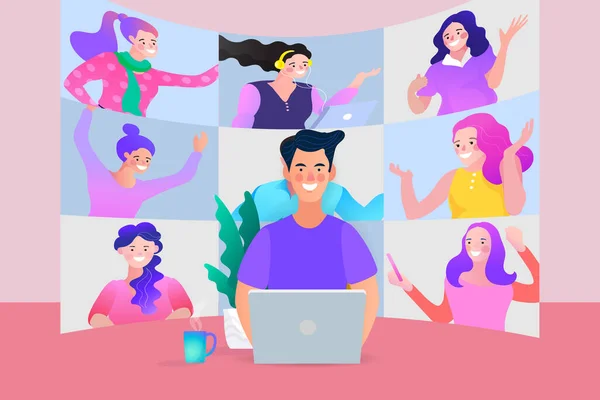 Online Work Home Meeting 홈페이지 홈페이지 Vector Illustrations Flat Design — 스톡 벡터