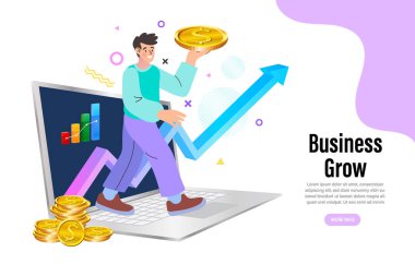 E-pazarlama, internet tanıtımı, dijital promosyon, online. Dizüstü bilgisayarın ekranındaki adam. Çevrimiçi Dükkan Pazarı. düz çizgi film vektör çizimi.