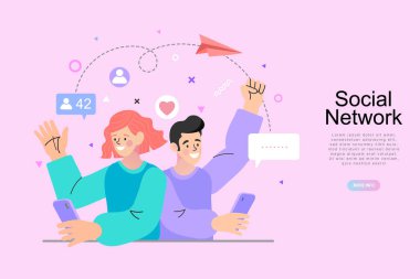 Kız telefonla iletişim kuruyor. Çevrimiçi sohbet adamı ve kadın. Sosyal ağ konsepti. Kolayca iniş sayfası web sitesi. Çizim vektörü düz tasarımı.