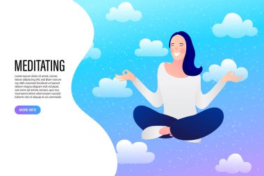 Derin meditasyon yapan, yoga egzersizleri yapan bir kız. Sağlıklı yaşam tarzı, biçimlendirilmiş vektör çizimi.
