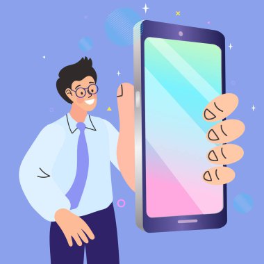İşçi ya da iş adamı akıllı telefon gösteriyor, akıllı telefonu yakından tutuyor. Boş görüntülü mobil aygıt. Düz tasarım vektör çizimi
