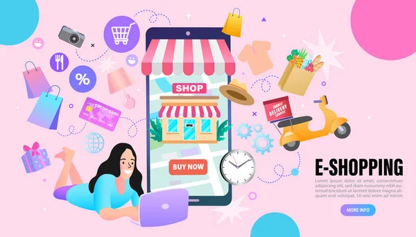 Kadınlar Online Alışveriş Hizmetlerini Kullanır Akıllı Telefon Pazarlama Ticaret Konsepti — Stok Vektör