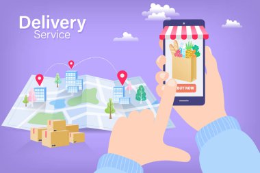 Ticaret konsepti. İnternetten alışveriş. Çevrimiçi dağıtım hizmeti kavramı. Mobiletle cep telefonuyla hızlı teslimat. Motosiklet süren adam. Vektör illüstrasyonu.