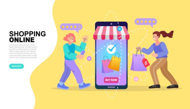 İnternet alışveriş hizmetleri. Akıllı telefon pazarlama ve e-ticaret konsepti. Cep telefonu uygulaması. Taze Bakkaliye Yiyecek Teslimatı. Vektör illüstrasyonu.
