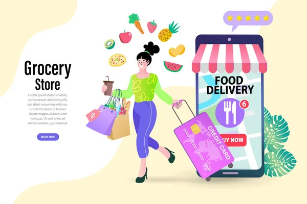 Konzept Des Online Lebensmitteleinkaufs Essen Online Smartphone Bestellen Mobile App — Stockvektor