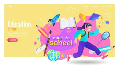 Okul vektör pankartı tasarımına geri dönelim. Eğitim malzemeleri. Kız kaçıyor. Kitap, kalem, kalem, renk, cetvel, büyüteç. 