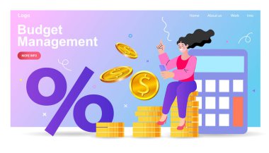 Matematik işlemleri için hesap makinesi olan kadın bir profesyonel. Finansal değer, yönetim ve yönetim kavramı. Karakterler, insanlar bir plan yapıyor. Bütçe, analitik, gelir. vektör