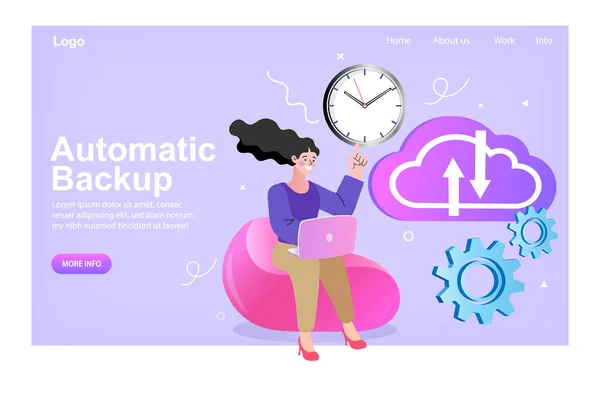 Servizio Cloud Rete Donna Che Utilizza Backup Automatico Del Cloud — Vettoriale Stock