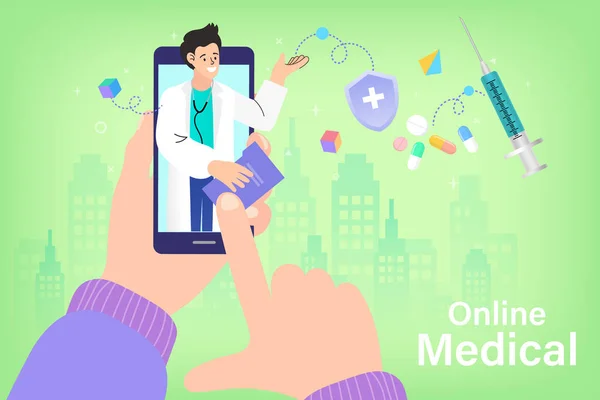 Online Doctor Telemedicine Hand Hold Phone Video Call Doctor Online — 图库矢量图片