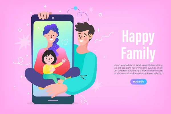Feliz Família Chamada Vídeo Smartphone Família Jovem Com Crianças Estão —  Vetores de Stock