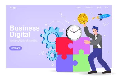 Büyük bir madeni paranın yanında oturan bir iş adamı. Para biriktirmek ve yatırım yapmak. Para geliri kavramı. Daire kişisel yatırım. Tüccarlar para kazanır. vektör illüstrasyonu