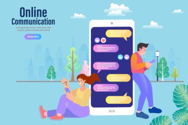 Kadın ve erkek mobil uygulamayla mesaj gönderiyor. Sevgili bir çift mi yoksa evli bir karı koca mı? İnternet üzerinden akıllı telefondan çevrimiçi sohbet. Cep telefonu randevu uygulamasında görüntülü arama. Buluşma tarihini tartışıyoruz. vektör