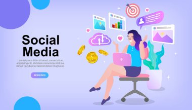 Sosyal medya pazarlama şablonu kavramı. Bilgisayarla sohbet ve çizelge. Web afişi, iş sunumu, online reklam için yaratıcı düz tasarım. Vektör illüstrasyonu