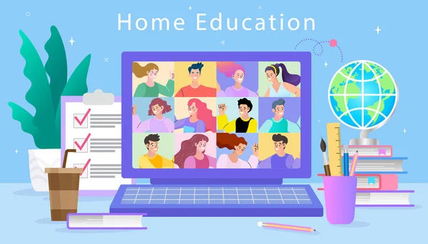 Online Education Concept Video Conference Remote Working Concept Work Home — Stok Vektör