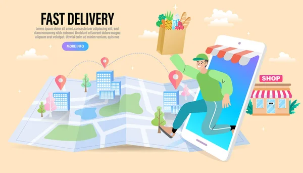 Fast Delivery service design concept for mobile app. Online Delivery Service flat design banner illustration concept for digital marketing. Internet e-commerce. Vector 