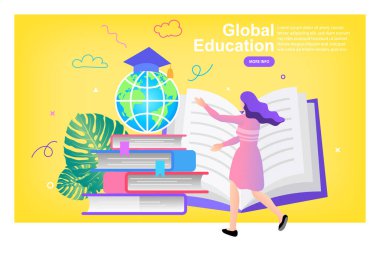 Küresel Eğitim. Bilgi işi eğitim konsepti. İş adamı ve kitaplar. Kişisel beceri ve kariyer geliştirme kitabı okuyorum. Kitaplı karakter öğrencileri. Üniversitede okuyorum. vektör düzlüğü.