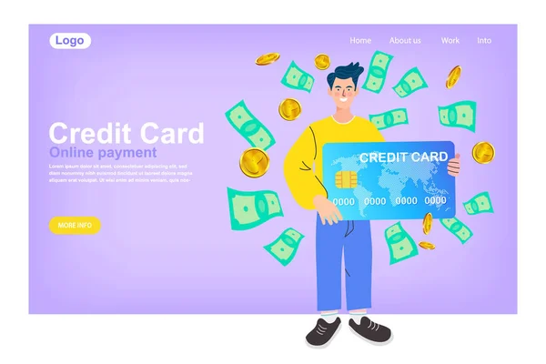 Młody Człowiek Kartą Kredytową Zwykły Konsument Plastikową Kartą Fioletowym Tle — Wektor stockowy