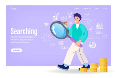 Başlıklı iş arama başlığı web şablonu. Genç adam ileriye bakıyor ve elinde büyüteç olan bir kadın. Düz stil modern ana hatlı vektör çizimi.