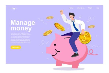 Büyük bir madeni paranın yanında oturan bir iş adamı. Para biriktirmek ve yatırım yapmak. Para geliri kavramı. Daire kişisel yatırım. Tüccarlar para kazanır. vektör illüstrasyonu.