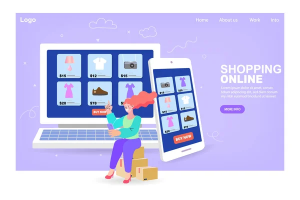 Αγορές Online Consumer View Choose Buy Fashion Items Ecommerce Marketplace — Διανυσματικό Αρχείο