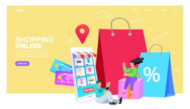 İndirimli kağıt torbaları olan neşeli bir kadın. Alışverişe bayılırım. Kara Cuma indirimi ve indirimi. Ticaret konsepti. Cep telefonu düz vektör illüstrasyonuyla çevrimiçi çanta alışverişi.