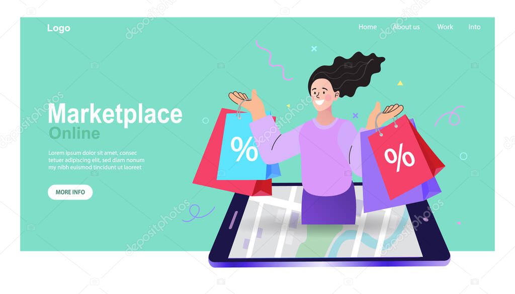 Joyful woman with discount paper bags. I Love Shopping. Black Friday sale and discounts. Ecommerce concept. Bags shopping online with mobile phone flat vector illustration.
