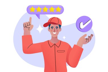 Mutlu bir teslimatçı mükemmel hizmet kalitesini göstermek için 5 yıldızlı bir derecelendirme balonuna işaret eder. Başarılı bir şekilde tamamlanmış bir görevi ve yüksek müşteri memnuniyetini simgeleyen bir işaretleme simgesi tutuyor.