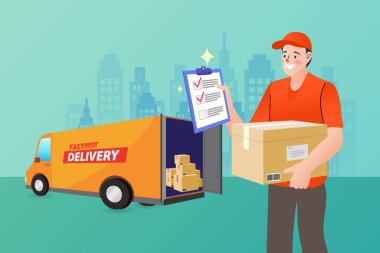 Bu lojistik konsept güvenilir kargo dağıtımını gösteriyor. Bir teslimatçı elinde bir kutu tutarken sipariş listesini kontrol eder ve şehirdeki dolu kamyondan doğru nakliye hizmeti verir..