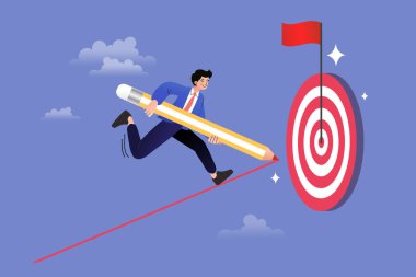 Başarılı bir iş adamı dev bir kalemle hedef tahtası çiziyor. Stratejik planlama, hedef başarısı, iş misyonu, profesyonel odaklanma ve kariyer başarısı kavramı.