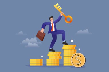 Finansal hedeflerinize ulaşın. Bu ilham verici iş konseptiyle profesyonel bir adamın altın sikke merdivenine tırmanmasını ve elinde servet ve başarının kilidini açacak dev bir anahtar tutmasını sağlayın..