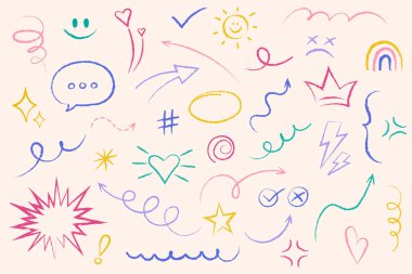 Renkli simgelerle el çizimi karalama ögesi ayarlandı. Sosyal medya paylaşımları, kurşun günlükleri, planlayıcılar ve yaratıcı dijital dekorasyonlar için sevimli kabataslak semboller vektör koleksiyonu.